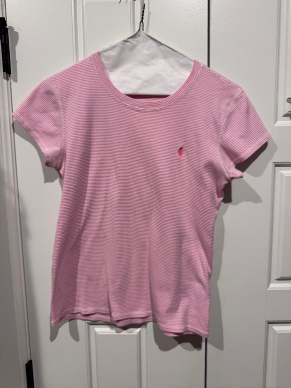 Ralph Lauren Pink White Striped Ribbed Tee Shirt, Pony Logo, Women’s Large